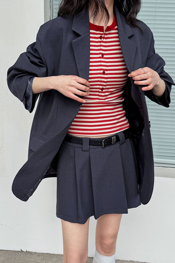 Contrast Sleeve Blazer Pleated Midi Skirt Set