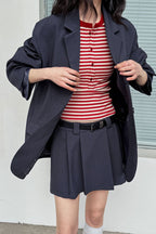 Contrast Sleeve Blazer Pleated Midi Skirt Set