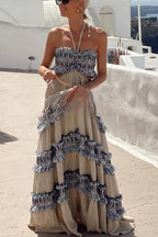 Ultimate Island Linen Blend Fringed Patchwork Cutout Halter Maxi Dress