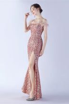 Velvet Sequin Ostrich Feather Off Shoulder Formal Dress