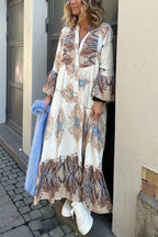 Gracie Paisley Print Button Up Bell Sleeve A-line Maxi Dress
