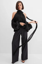 Metallic Halter Tie Neck Long Sleeve Top