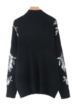 Turtleneck Loose-fitting Sequined Floral Pattern Long Sleeve Knitted Sweater