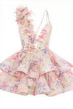Chic Floral Print V Neck Sleeveless Backless Tulip Mini Dress
