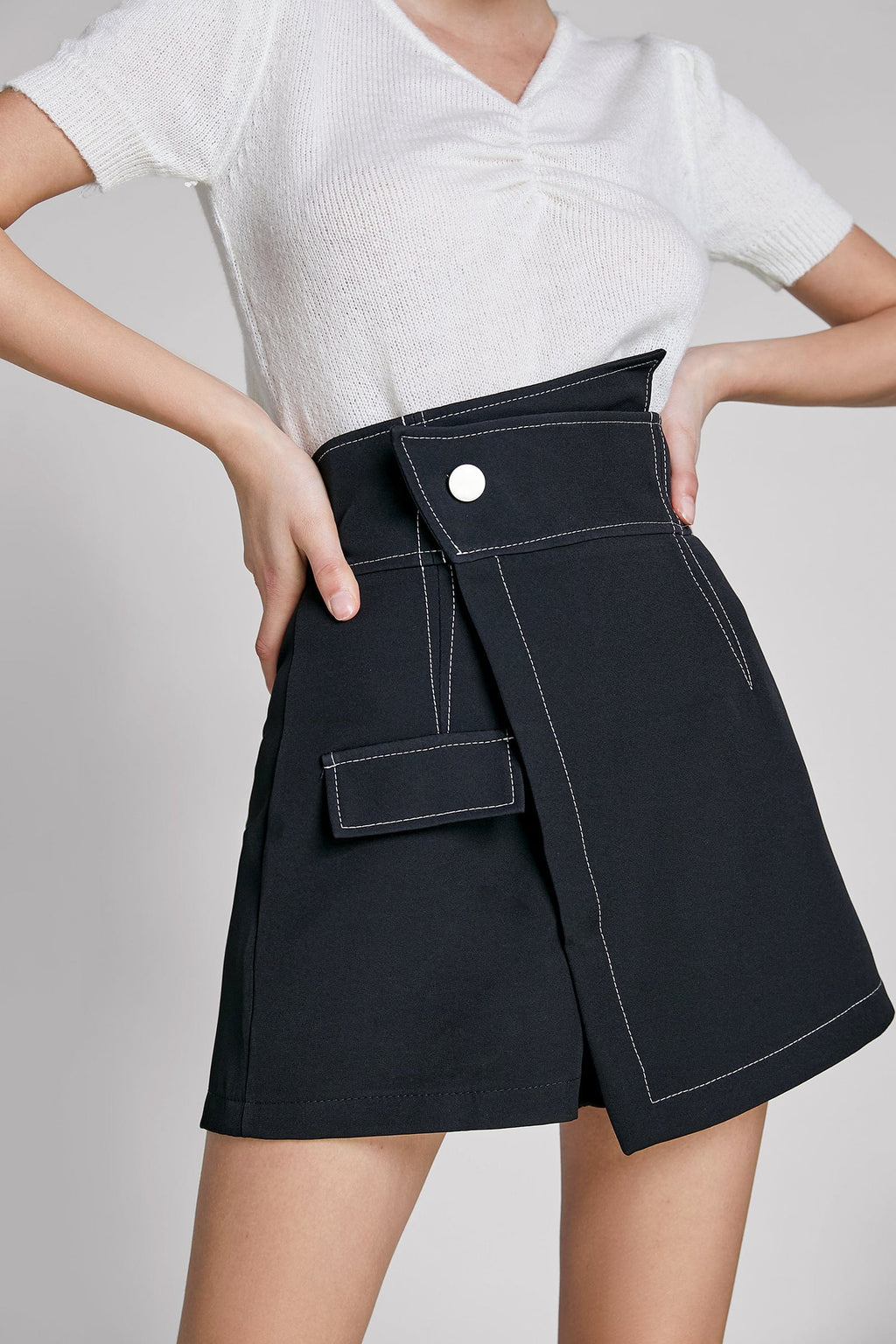 Black Stitching Detail Faux-Wrap Shorts