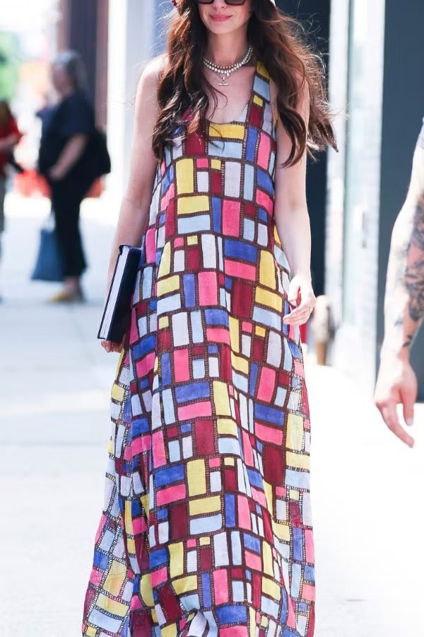 Stylish Color-blocked Plaid Print Sleeveless Round Neck Loose Maxi Dress