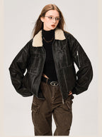 PU Leather Jacket with Lamb Wool Collar