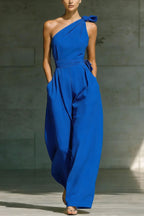 Solid Color Sleeveless One-shoulder Fitted Waist Casual Pocket Loose Wide-leg Jumpsuit