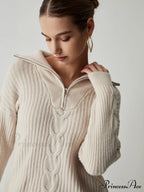 Cable Knit Open Trendy Collar Half Zip Sweater