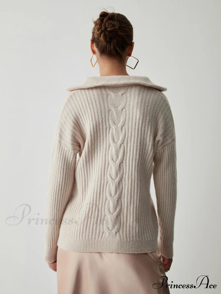 Cable Knit Open Trendy Collar Half Zip Sweater