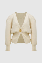 Only Yours Knit Metal Leaf Shape Button Lantern Sleeve Relaxed Cardigan