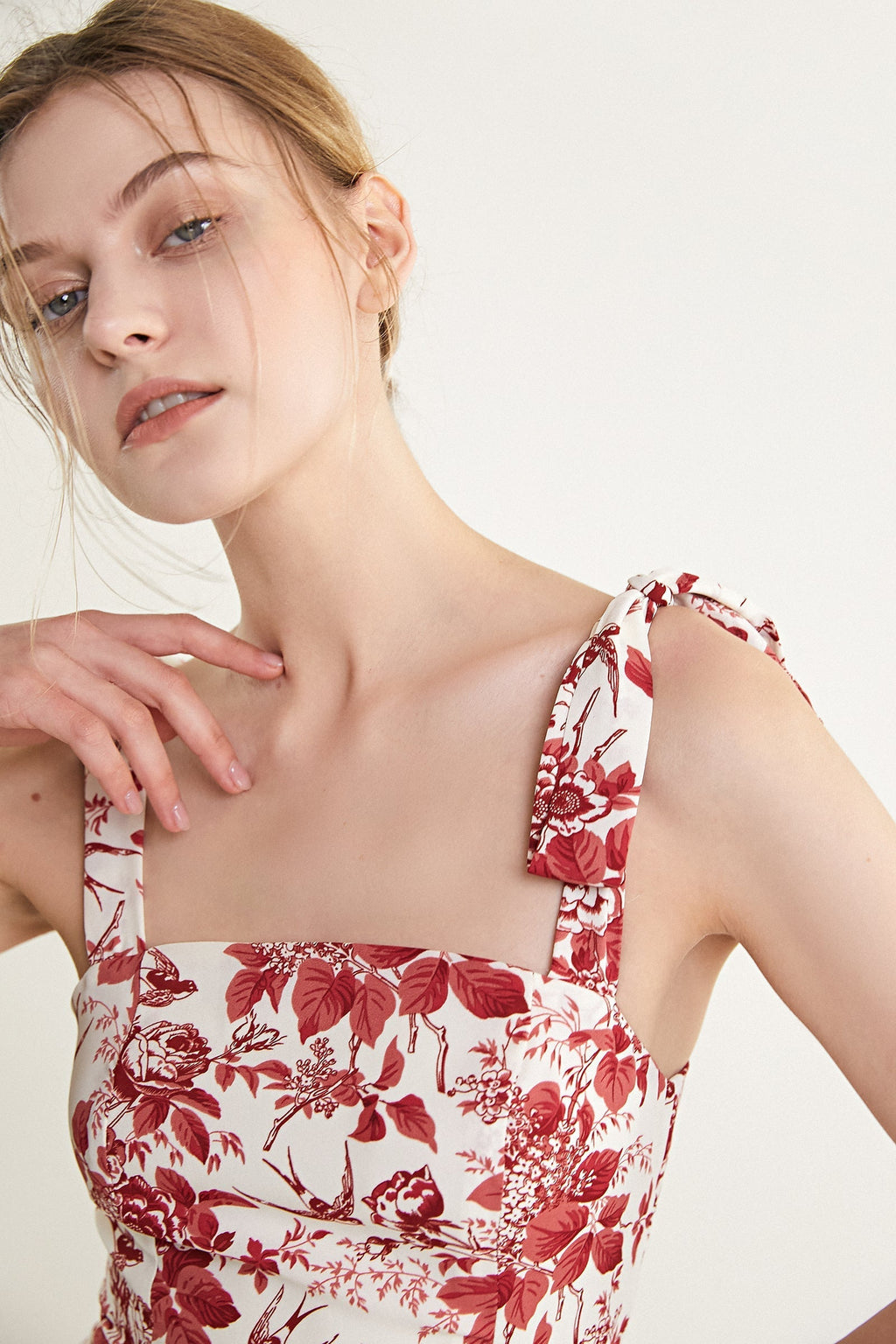 Beige Floral Print Tie Strap Slit Hem Midi Dress