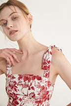 Beige Floral Print Tie Strap Slit Hem Midi Dress