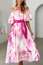 Floral Print Elegant Puff Sleeve Tie-Waist Midi Dress