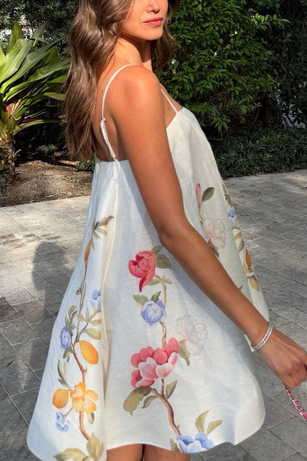 Blossoms Climb Lemon Vine Print Adjustable Straps A-line Mini Dress