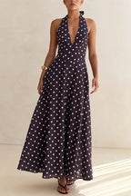 Floral Print V-neck Backless Tie-up Fitted Waist Elegant Maxi Dress