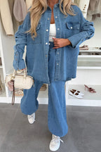 Stylish Denim  Button Down Long Sleeve Pocket Oversized Blouse