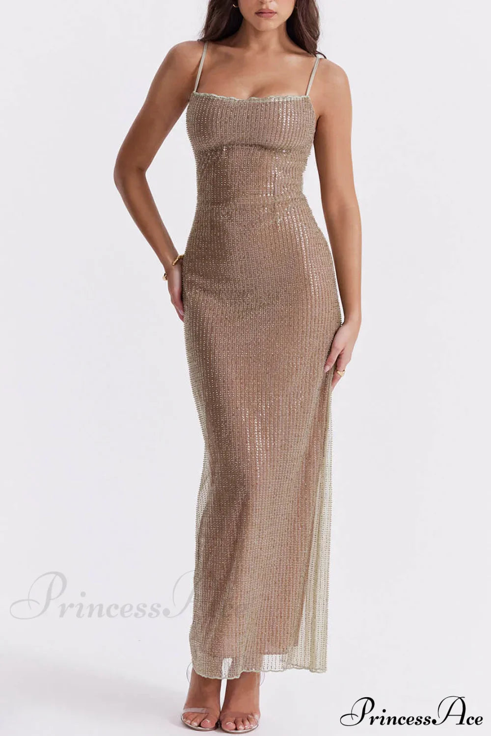 Cafe Au Lait Charming Beaded Maxi Dress