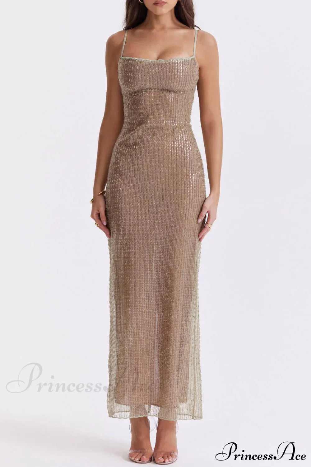 Cafe Au Lait Charming Beaded Maxi Dress