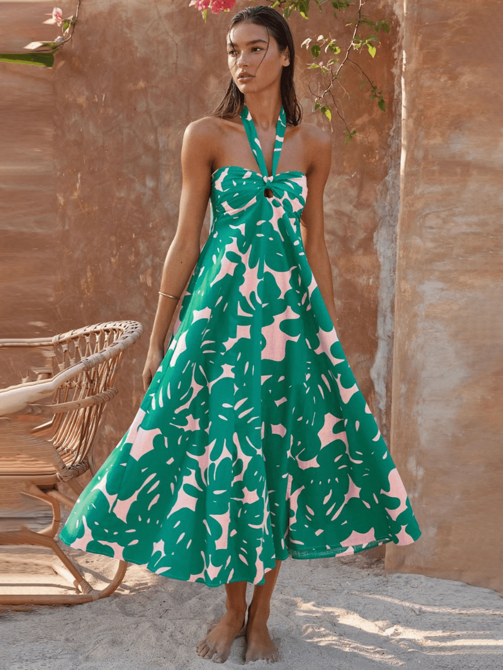 Loral Print Halter Maxi Dress - Green