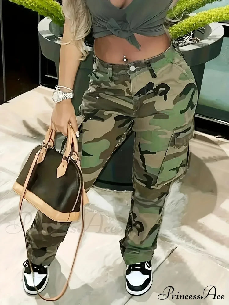 Camo Print Side Flap Pocket Cargo Loose Fit Stretchy Y2K Kpop Denim Women's Denim & Clothing Jean