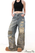 Camouflage Patchwork Distressed Wide Jeans