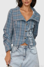 Candlestick Print Plaid Ruched Stand Collar Coat