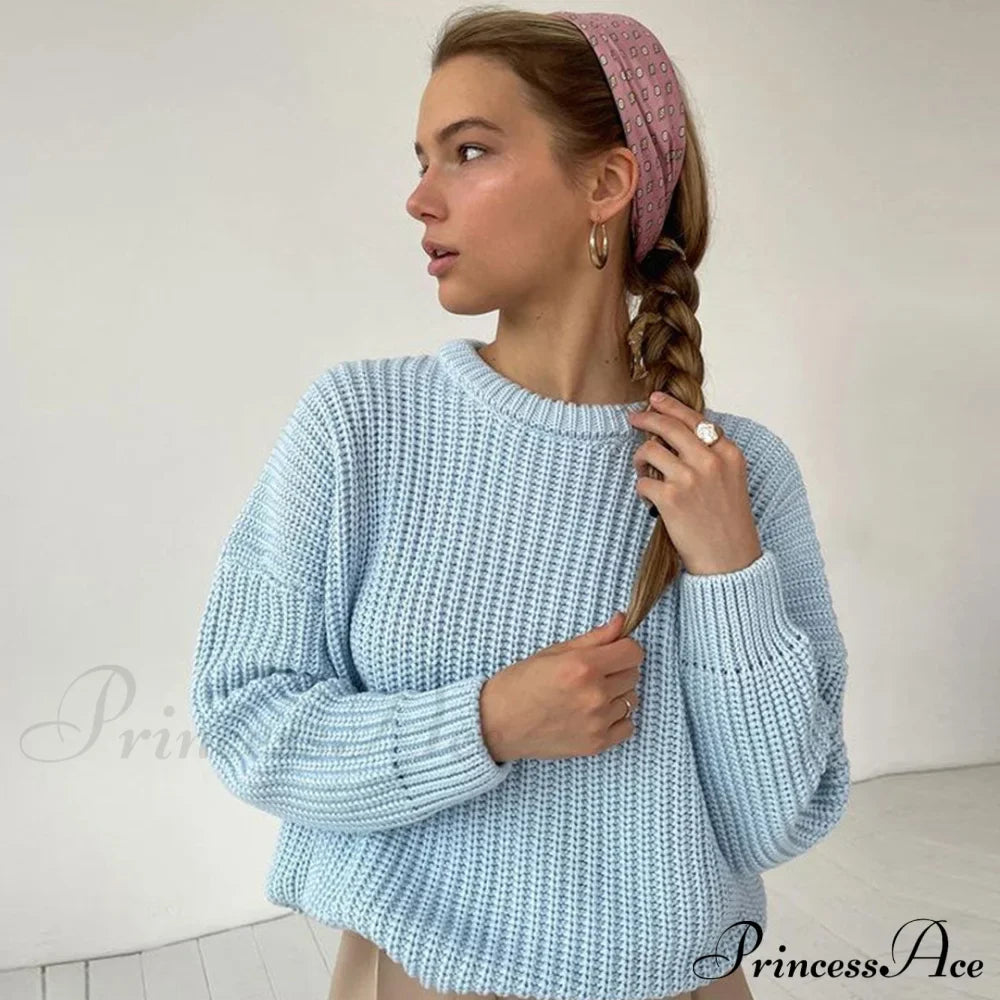 Candy Color Crewneck Trendy Pullover Sweater - Green