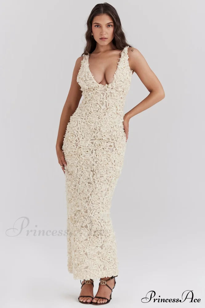 Carena Plunge Floral Charming Applique Maxi Dress