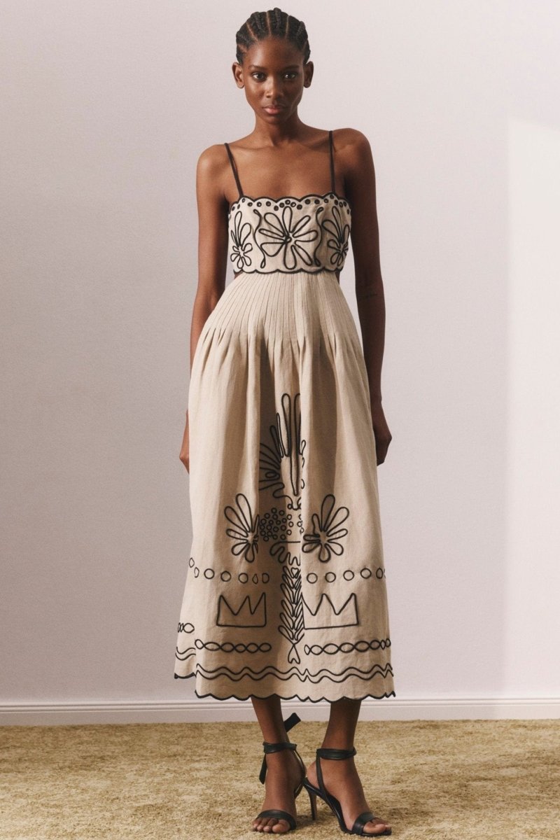 Yesenia Boutique Cotton Midi Dress with Abstract Embroidery Premium Wardrobe Essential