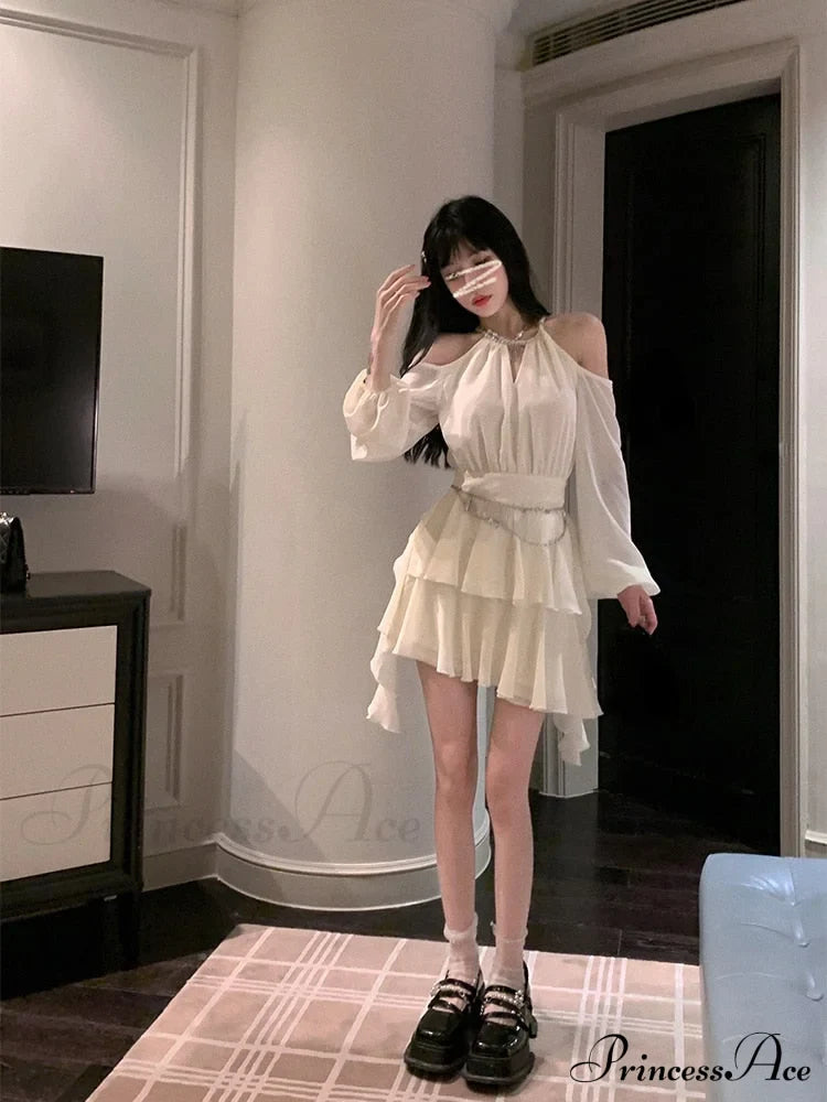Casual Arm Autumn Korean Party Gown Long Mini Gown Fairy Elegant Fashion Brief Female