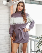 Casual Color Matching Sweater Dress with Collar