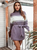Casual Color Matching Sweater Dress with Collar