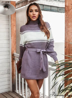 Casual Color Matching Sweater Dress with Collar