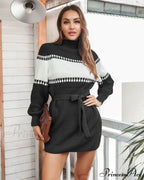 Casual Color Matching Sweater Dress with Collar