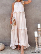 Casual Elegant Ruffle Halter Sleeveless Classic Female Party Outfits Beach Maxi Dress