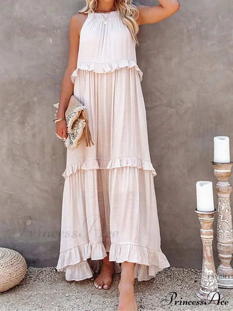 Casual Elegant Ruffle Halter Sleeveless Classic Female Party Outfits Beach Maxi Dress