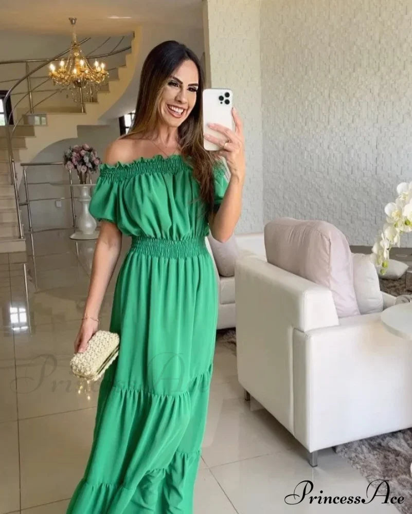 Casual Elegant Ruffle Halter Sleeveless Classic Female Party Outfits Beach Maxi Dress