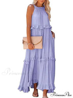 Casual Elegant Ruffle Halter Sleeveless Classic Female Party Outfits Beach Maxi Dress