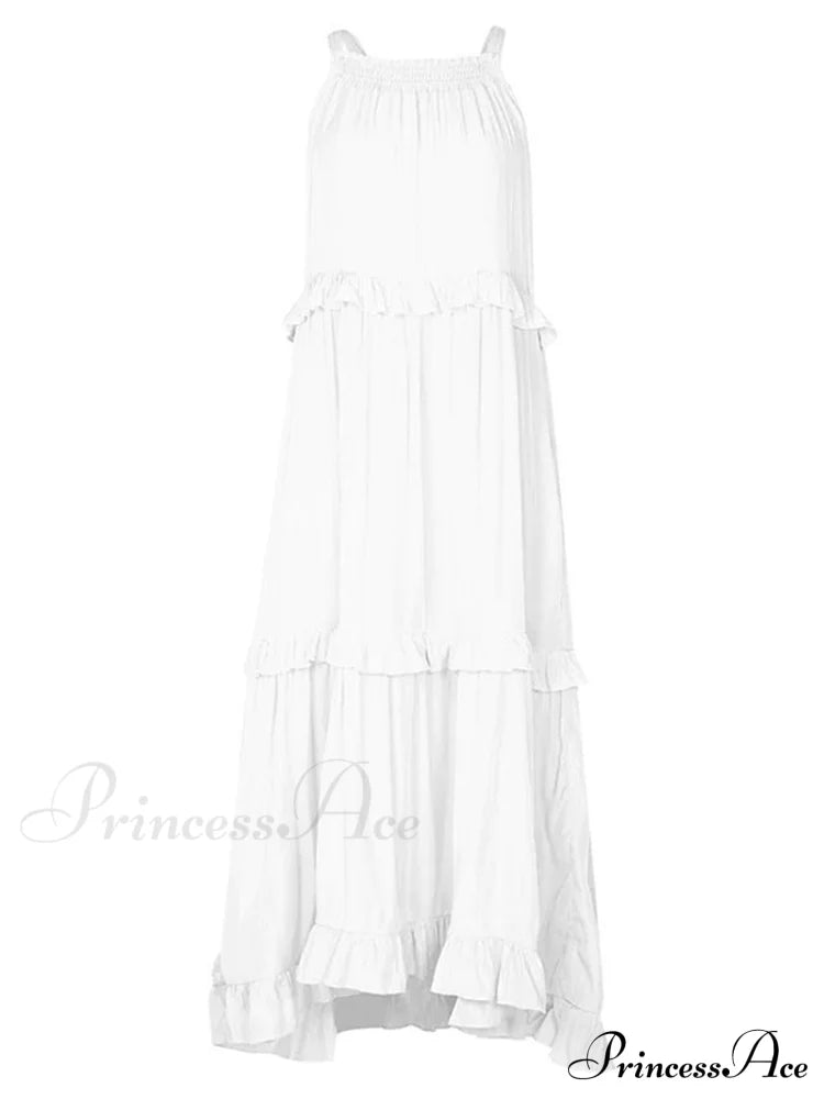 Casual Elegant Ruffle Halter Sleeveless Classic Female Party Outfits Beach Maxi Dress