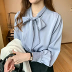 Casual Elegant Satin Chiffon Blue Blouse