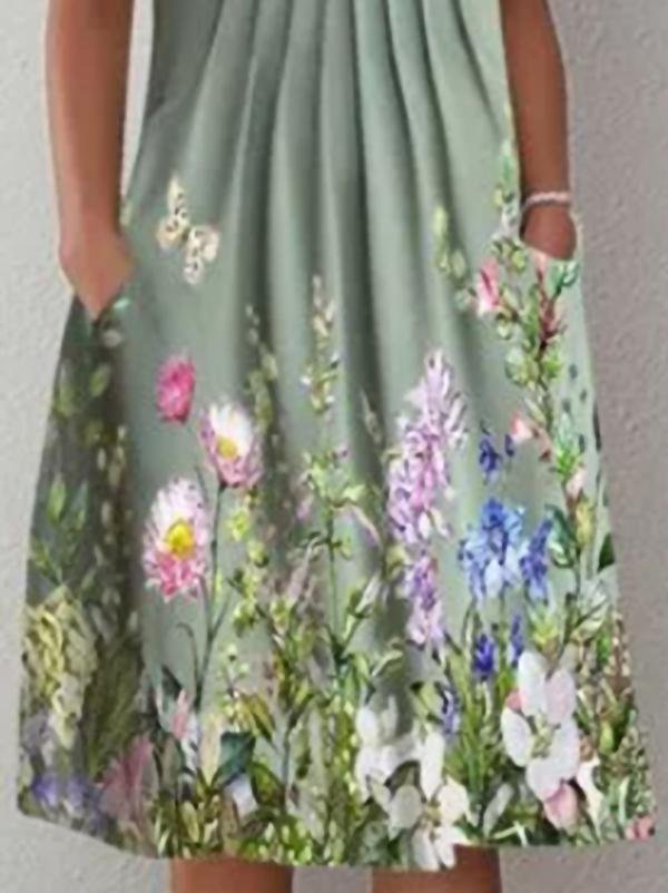 Casual Floral Round Neck Mid length Straight Dress