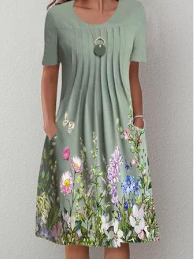Casual Floral Round Neck Mid length Straight Dress
