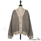 Casual Knitted Cardigan Oversize Button Front Contrast Stripe Cardigan