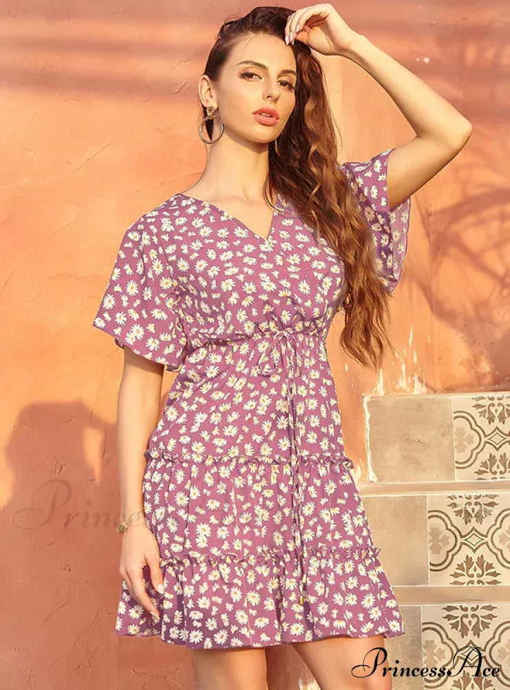 Casual Lace-Up with Gown V-Neck Flowered Design