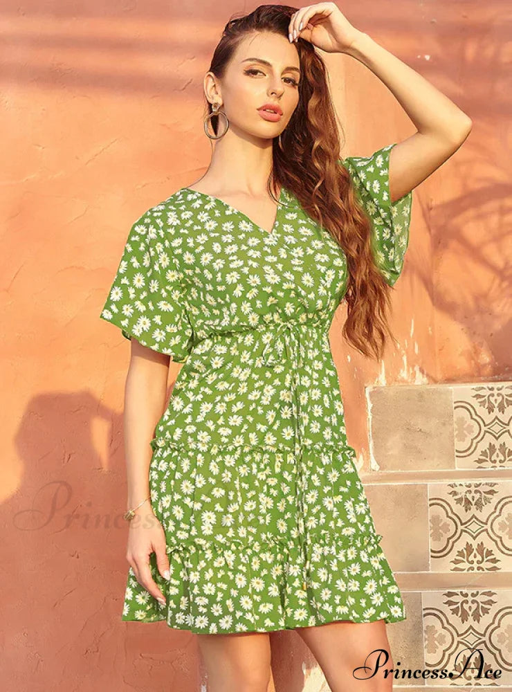 Casual Lace-Up with Gown V-Neck Flowered Design
