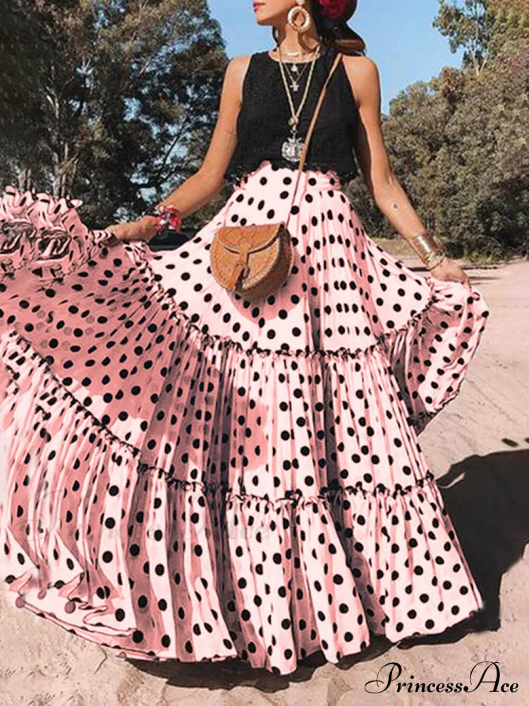 Casual Long Polka Charming Dot Printed Halter Skirt