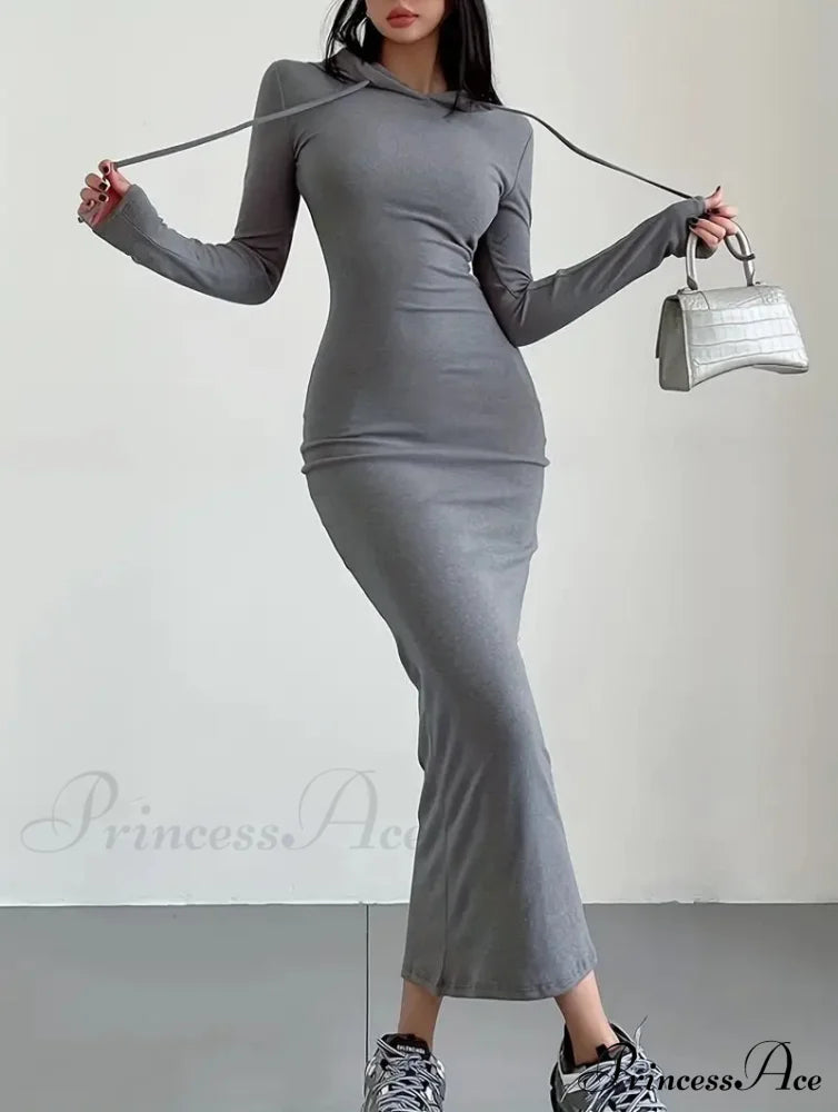 Casual Long Sleeve Drawstring Hooded Bodycon Dress - Black