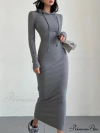 Casual Long Sleeve Drawstring Hooded Bodycon Dress - Black