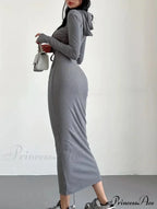 Casual Long Sleeve Drawstring Hooded Bodycon Dress - Black